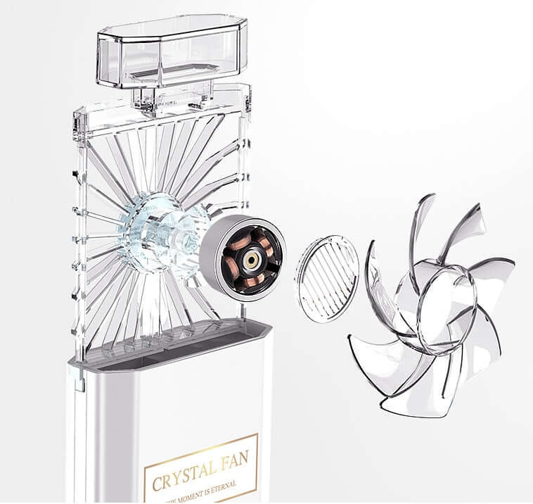 DROPPZZA perfume fan showing detachable parts and crystal fan design for enhanced performance.