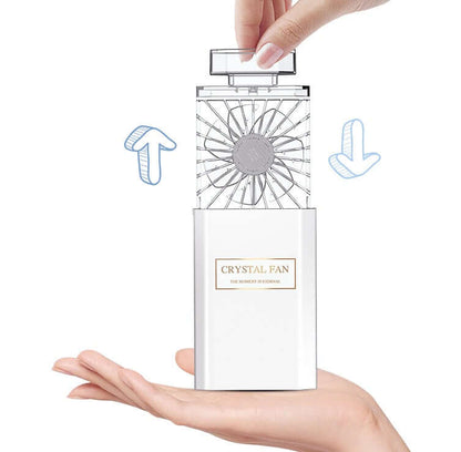 DROPPZZA perfume fan demonstrated in hand with adjustable design showcasing the fan blades.