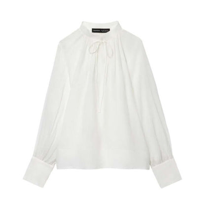 DROPPZZA Women’s Stand-up Collar Striped Lantern Sleeve Top