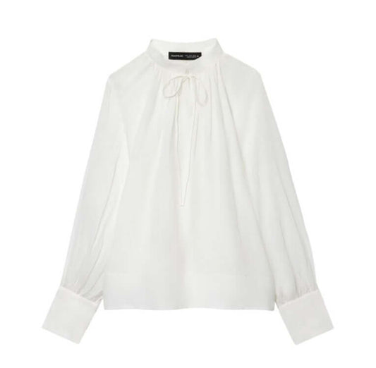 DROPPZZA Women’s Stand-up Collar Striped Lantern Sleeve Top