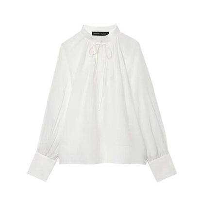 DROPPZZA Women’s Stand-up Collar Striped Lantern Sleeve Top