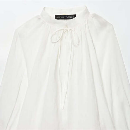 DROPPZZA Women’s Stand-up Collar Striped Lantern Sleeve Top